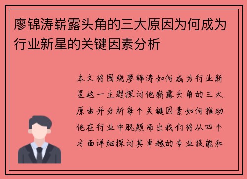 廖锦涛崭露头角的三大原因为何成为行业新星的关键因素分析